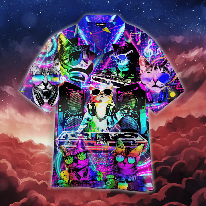 Cool Neon DJ Kitty Cat Hawaiian Shirt | For Men & Women | Adult | WT1208