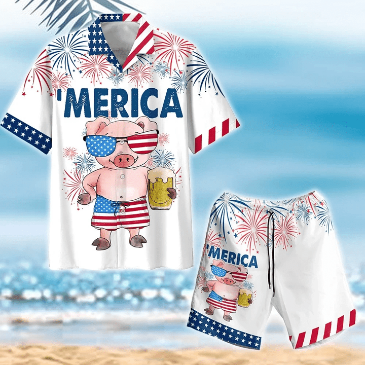 Pig America Flag 4th of July - Independence Day Hawaiian Shirt Set | Unisex | HS1092