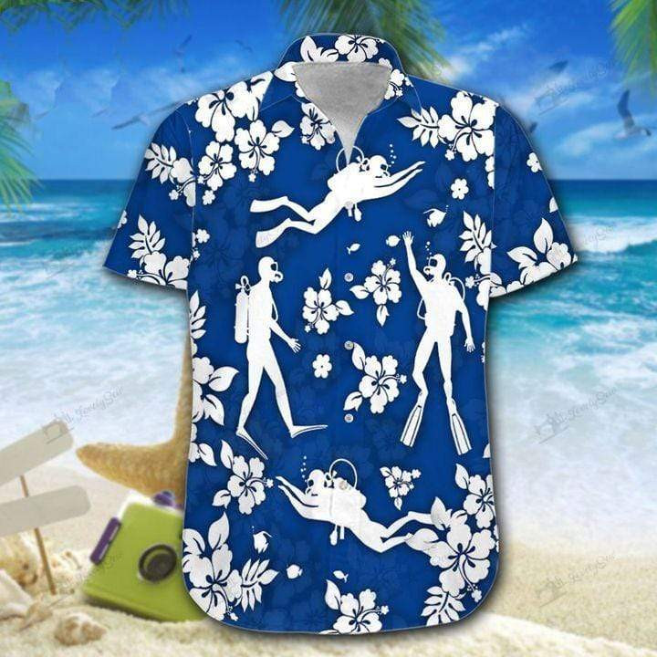 Blue Scuba Diving Hibiscus Hawaiian Shirt | For Men & Women | Adult | HW7334