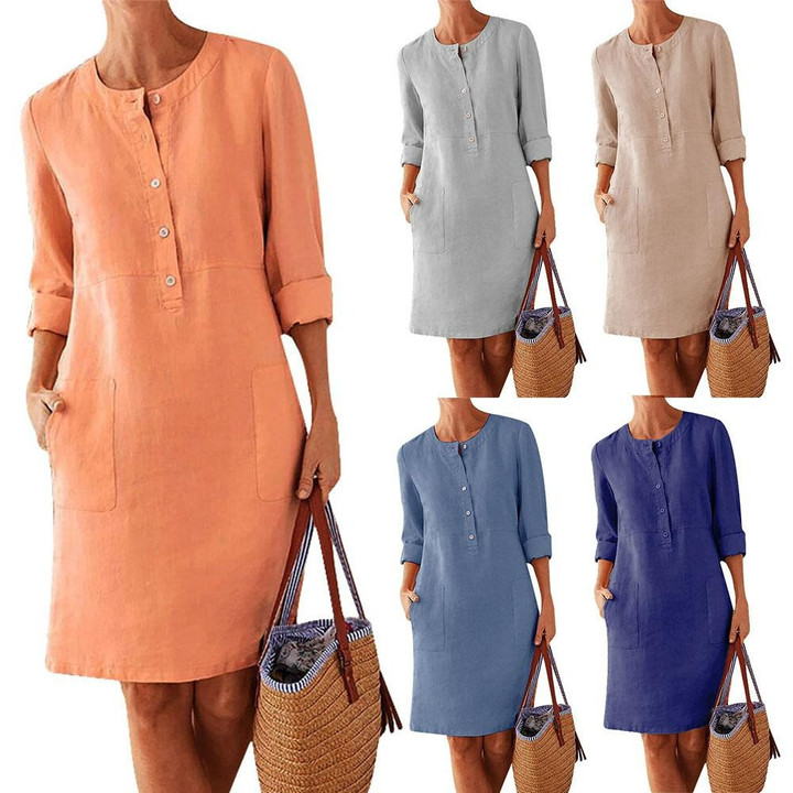 Pure Cotton Linen Dress Spring/Summer 2022 Button O Neck Plus Size