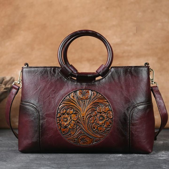 Florence™ - Luxury Genuine Leather Designer Handbags for Women, Organizer Crossbody Bag Large Satchel Vintage Embossed Totem Shoulder Bag