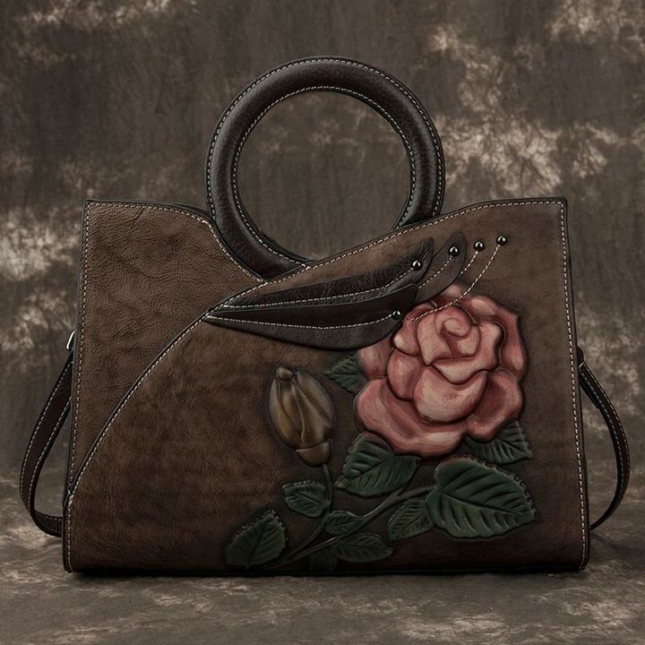 Aurora™ - Luxury Genuine Leather Designer Handbags for Women, Organizer Crossbody Bag Large Satchel Vintage Floral Pattern Embossed Totem Shoulder Bag