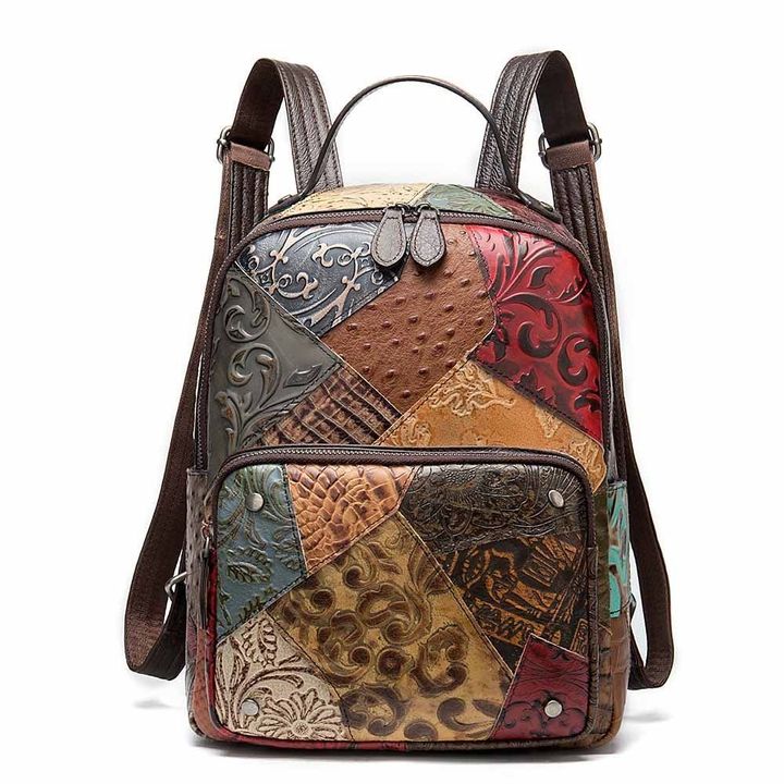 Women's Designer Genuine Leather Backpack Embossed Vintage Retro Pattern Travel Daily Bag