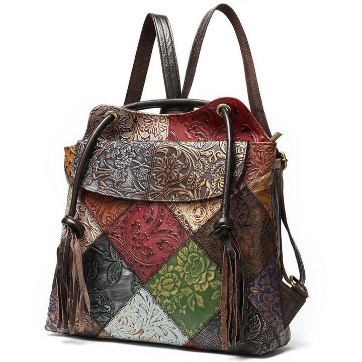 Women's Designer Genuine Leather Backpack with Tassels Embossed Vintage Retro Pattern Travel Daily Bag