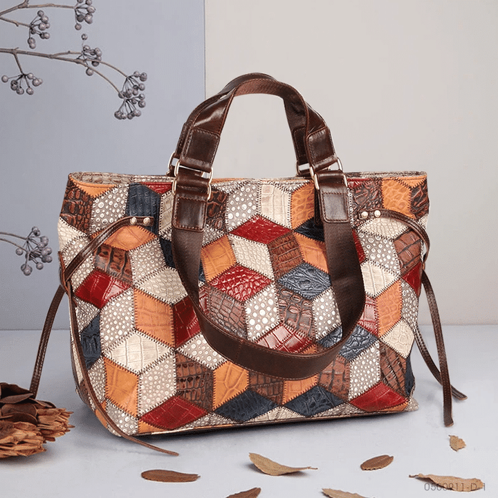 Large Geometrical Pattern Genuine Leather Tote - Retro Vintage Embossed Pattern Handbag Shoulder Daily Travel Bag
