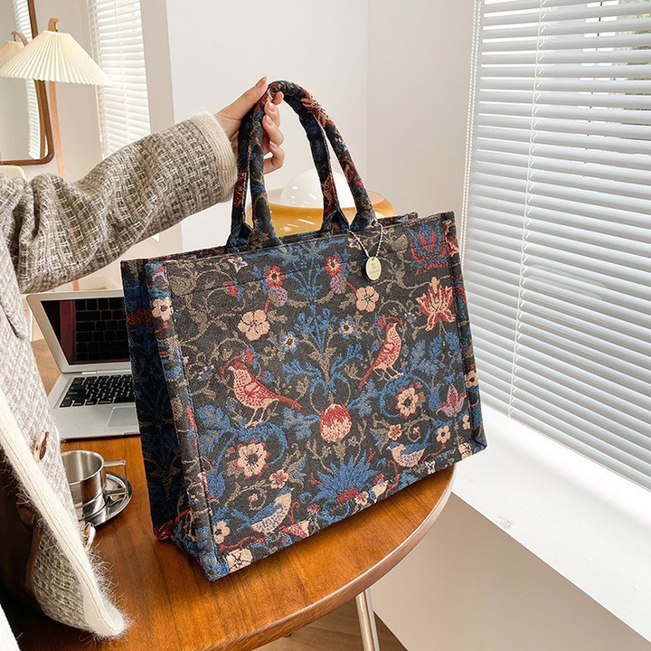 Flowers Embroidery Canvas Large Tote Bag