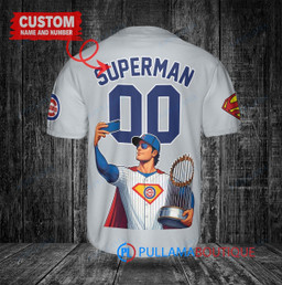 Chicago Cubs x Superman DC Comics with Trophy Custom Baseball Jersey Gray
