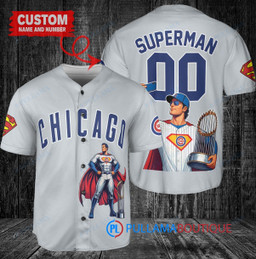 Chicago Cubs x Superman DC Comics with Trophy Custom Baseball Jersey Gray