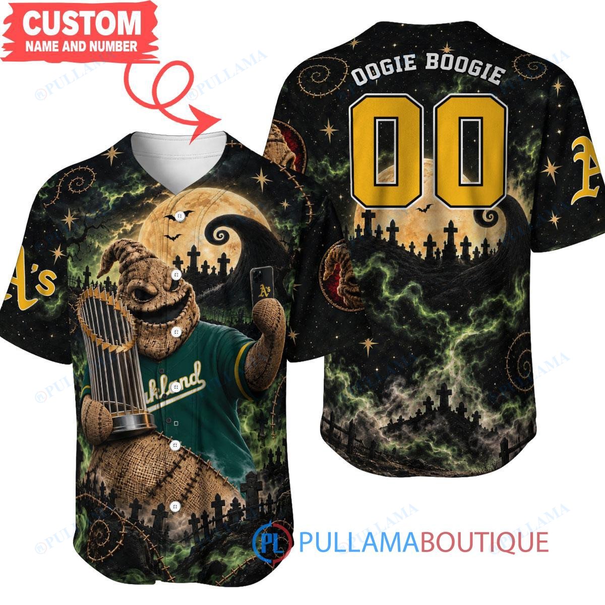 Oakland Athletics Oogie Boogie with World Series Trophy Moonlit Burlap Custom Baseball Jersey