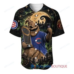 Chicago Cubs Oogie Boogie with World Series Trophy Moonlit Burlap Custom Baseball Jersey