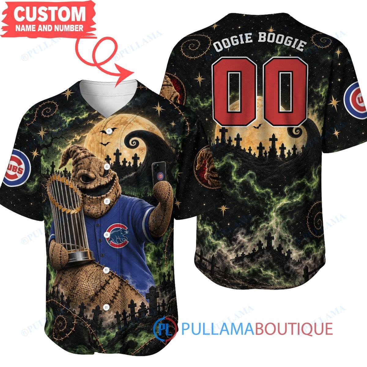 Chicago Cubs Oogie Boogie with World Series Trophy Moonlit Burlap Custom Baseball Jersey