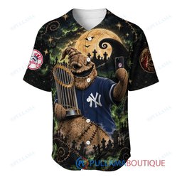 New York Yankees Oogie Boogie with World Series Trophy Moonlit Burlap Custom Baseball Jersey