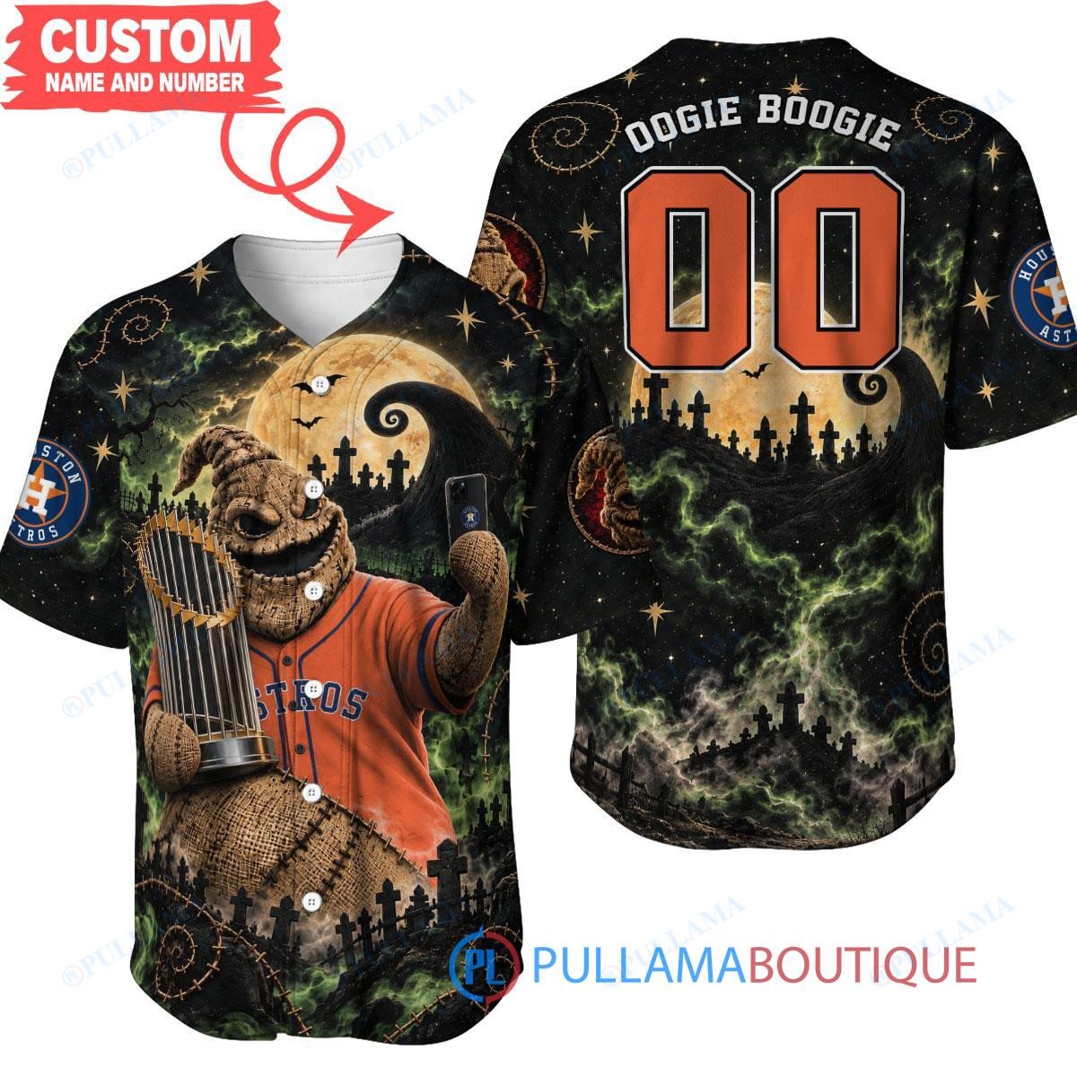 Houston Astros Oogie Boogie with World Series Trophy Moonlit Burlap Custom Baseball Jersey
