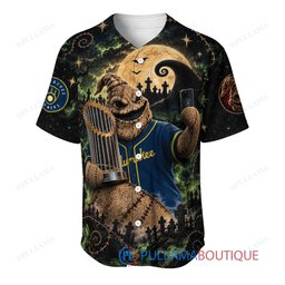 Milwaukee Brewers Oogie Boogie with World Series Trophy Moonlit Burlap Custom Baseball Jersey