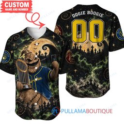 Milwaukee Brewers Oogie Boogie with World Series Trophy Moonlit Burlap Custom Baseball Jersey