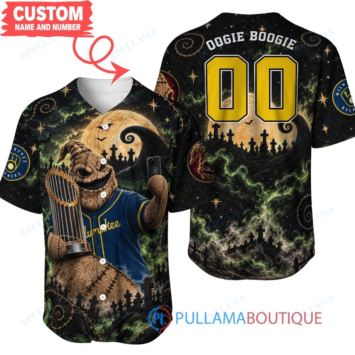 Milwaukee Brewers Oogie Boogie with World Series Trophy Moonlit Burlap Custom Baseball Jersey