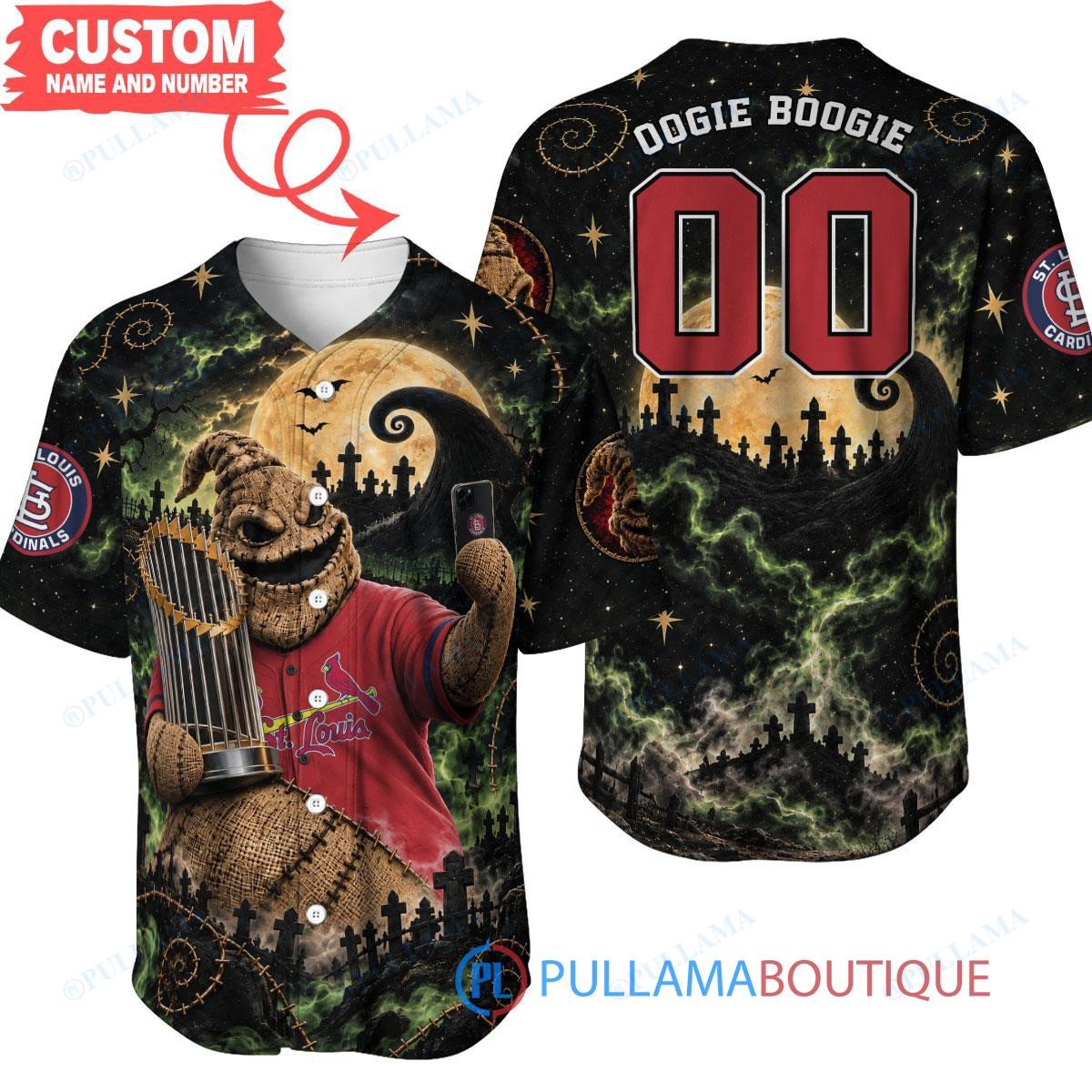 St.Louis Cardinals Oogie Boogie with World Series Trophy Moonlit Burlap Custom Baseball Jersey