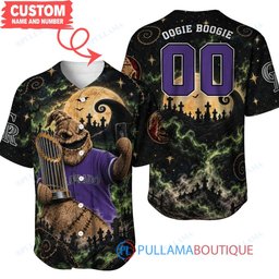 Colorado Rockies Oogie Boogie with World Series Trophy Moonlit Burlap Custom Baseball Jersey
