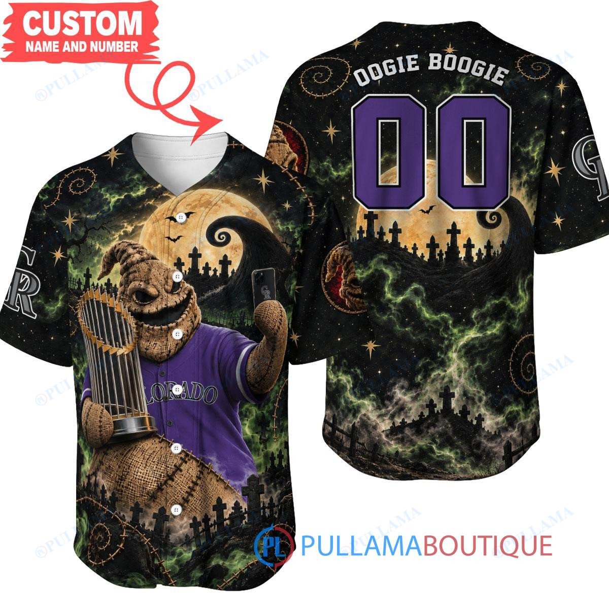 Colorado Rockies Oogie Boogie with World Series Trophy Moonlit Burlap Custom Baseball Jersey