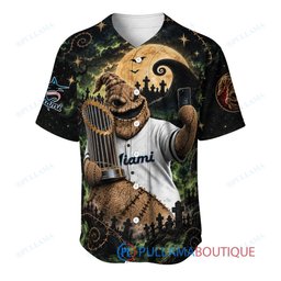 Miami Marlins Oogie Boogie with World Series Trophy Moonlit Burlap Custom Baseball Jersey