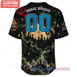 Miami Marlins Oogie Boogie with World Series Trophy Moonlit Burlap Custom Baseball Jersey