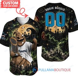 Miami Marlins Oogie Boogie with World Series Trophy Moonlit Burlap Custom Baseball Jersey
