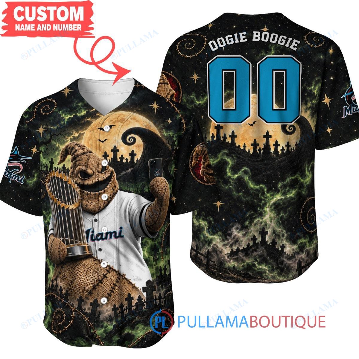 Miami Marlins Oogie Boogie with World Series Trophy Moonlit Burlap Custom Baseball Jersey