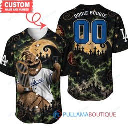 Los Angeles Dodgers Oogie Boogie with World Series Trophy Moonlit Burlap Custom Baseball Jersey