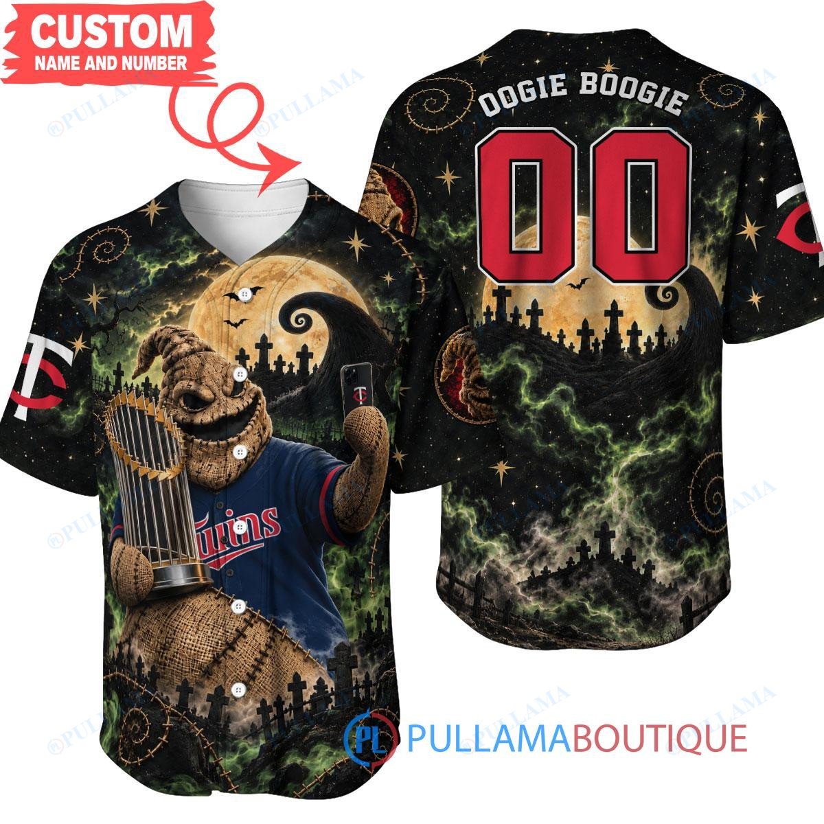 Minnesota Twins Oogie Boogie with World Series Trophy Moonlit Burlap Custom Baseball Jersey