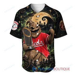 Cincinnati Reds Oogie Boogie with World Series Trophy Moonlit Burlap Custom Baseball Jersey