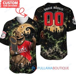Cincinnati Reds Oogie Boogie with World Series Trophy Moonlit Burlap Custom Baseball Jersey
