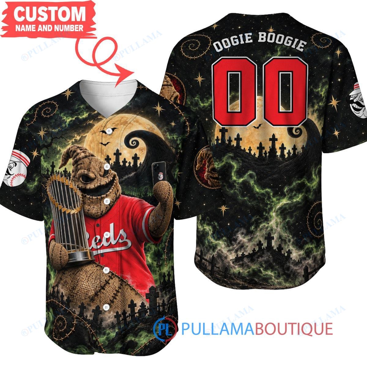 Cincinnati Reds Oogie Boogie with World Series Trophy Moonlit Burlap Custom Baseball Jersey