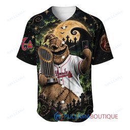 Atlanta Braves Oogie Boogie with World Series Trophy Moonlit Burlap Custom Baseball Jersey