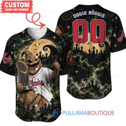 Atlanta Braves Oogie Boogie with World Series Trophy Moonlit Burlap Custom Baseball Jersey
