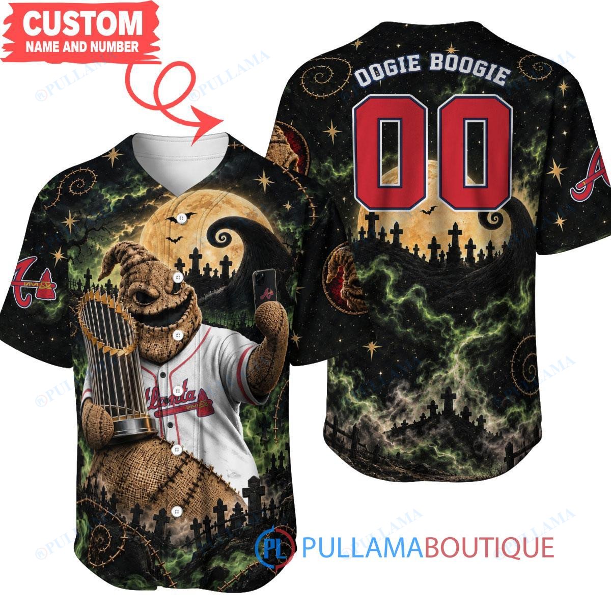 Atlanta Braves Oogie Boogie with World Series Trophy Moonlit Burlap Custom Baseball Jersey