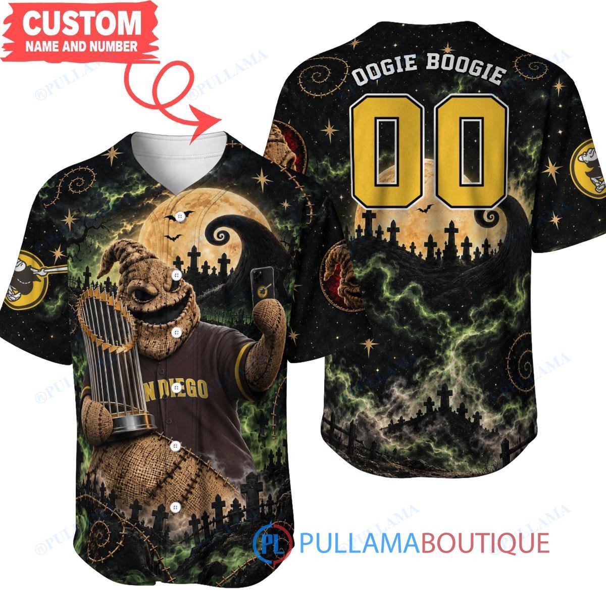 San Diego Padres Oogie Boogie with World Series Trophy Moonlit Burlap Custom Baseball Jersey