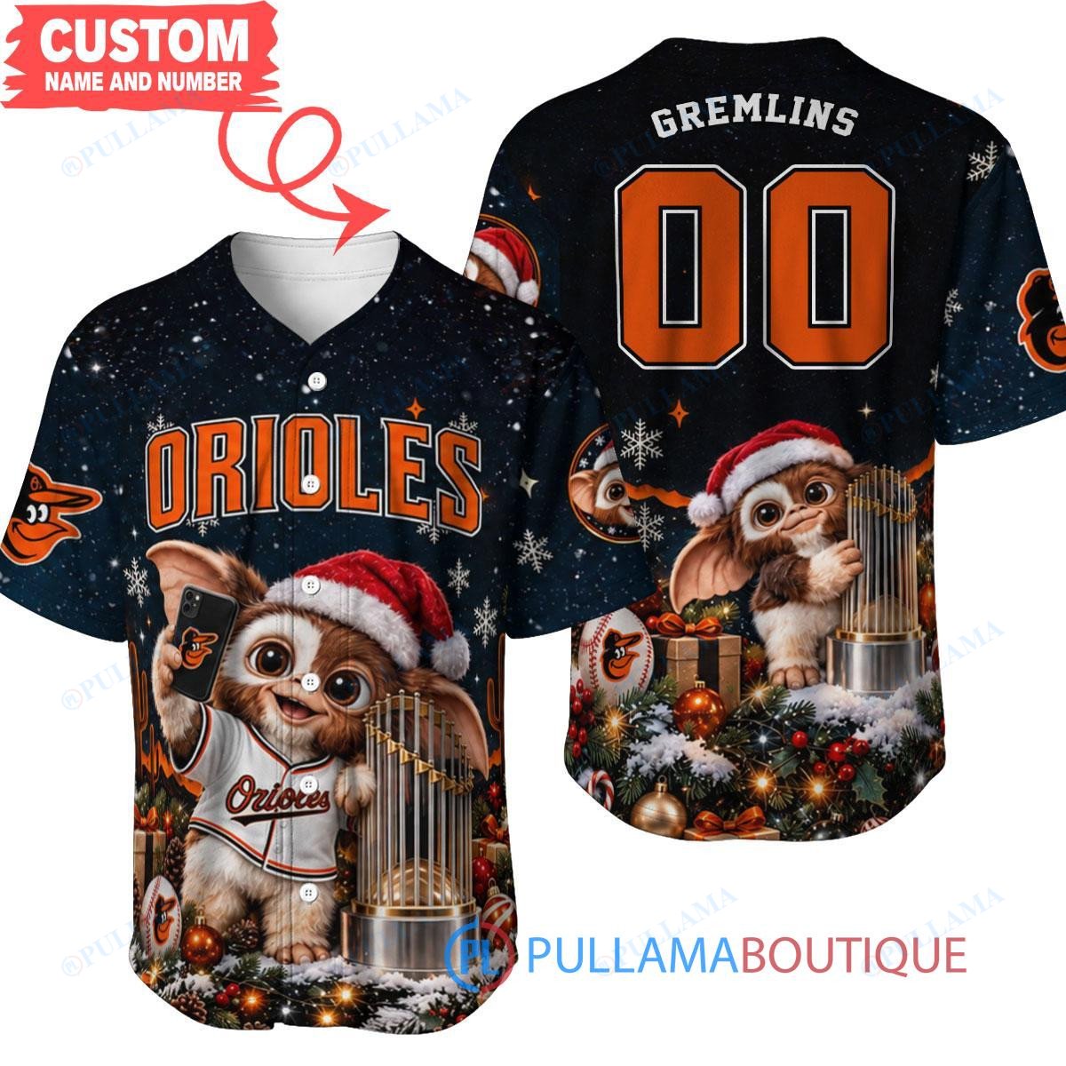 Baltimore Orioles Gremlins with World Series Trophy Custom Baseball Jersey