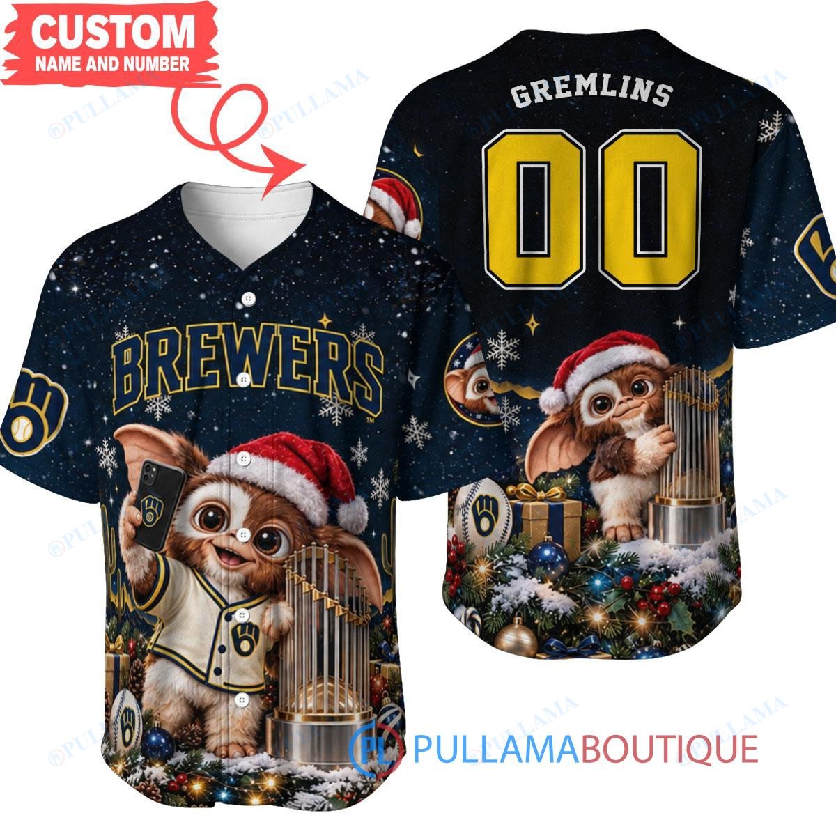 Milwaukee Brewers Gremlins with World Series Trophy Custom Baseball Jersey