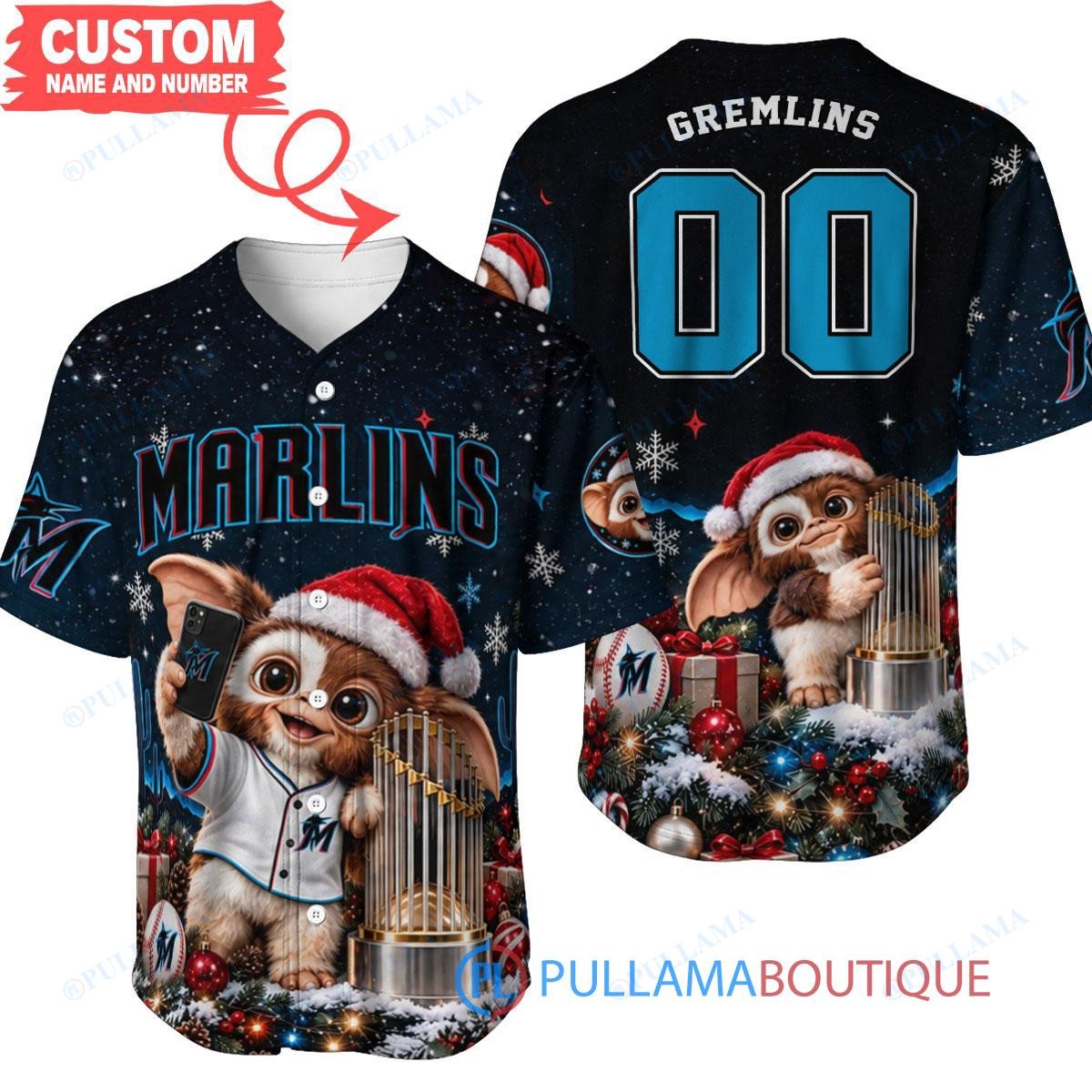 Miami Marlins Gremlins with World Series Trophy Custom Baseball Jersey