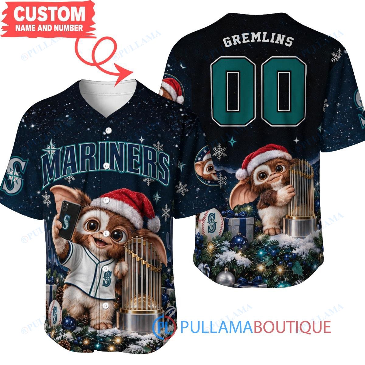 Seattle Mariners Gremlins with World Series Trophy Custom Baseball Jersey