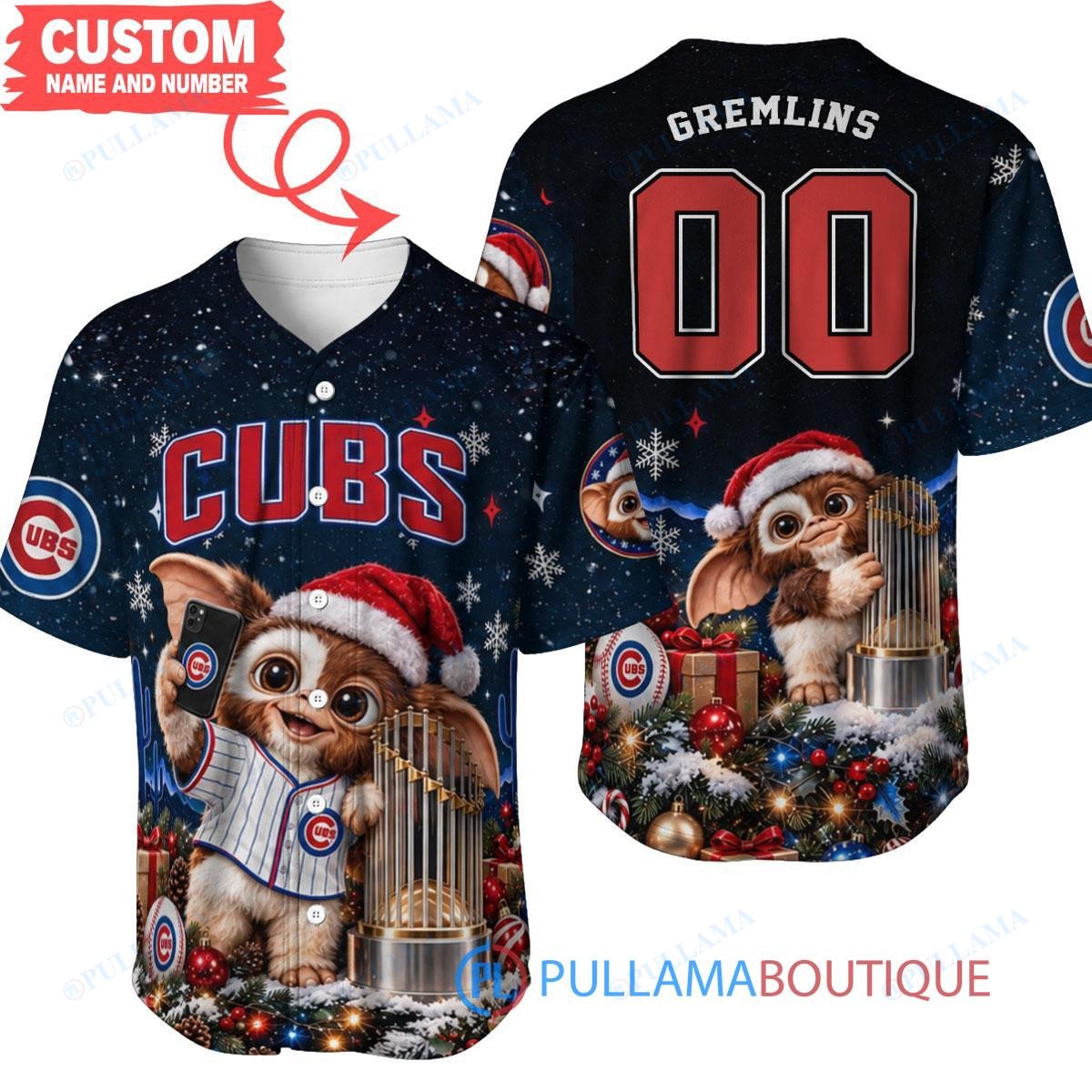 Chicago Cubs Gremlins with World Series Trophy Custom Baseball Jersey