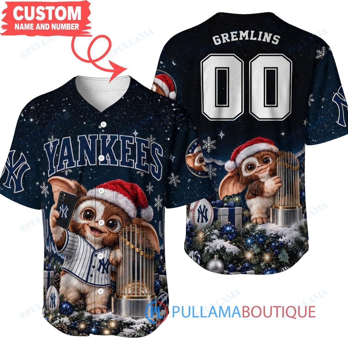 New York Yankees Gremlins with World Series Trophy Custom Baseball Jersey