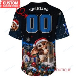 Los Angeles Dodgers Gremlins with World Series Trophy Custom Baseball Jersey