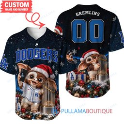Los Angeles Dodgers Gremlins with World Series Trophy Custom Baseball Jersey