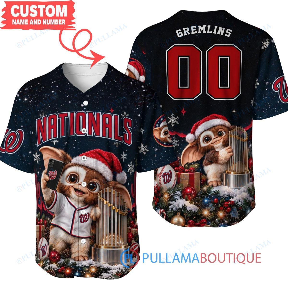 Washington Nationals Gremlins with World Series Trophy Custom Baseball Jersey