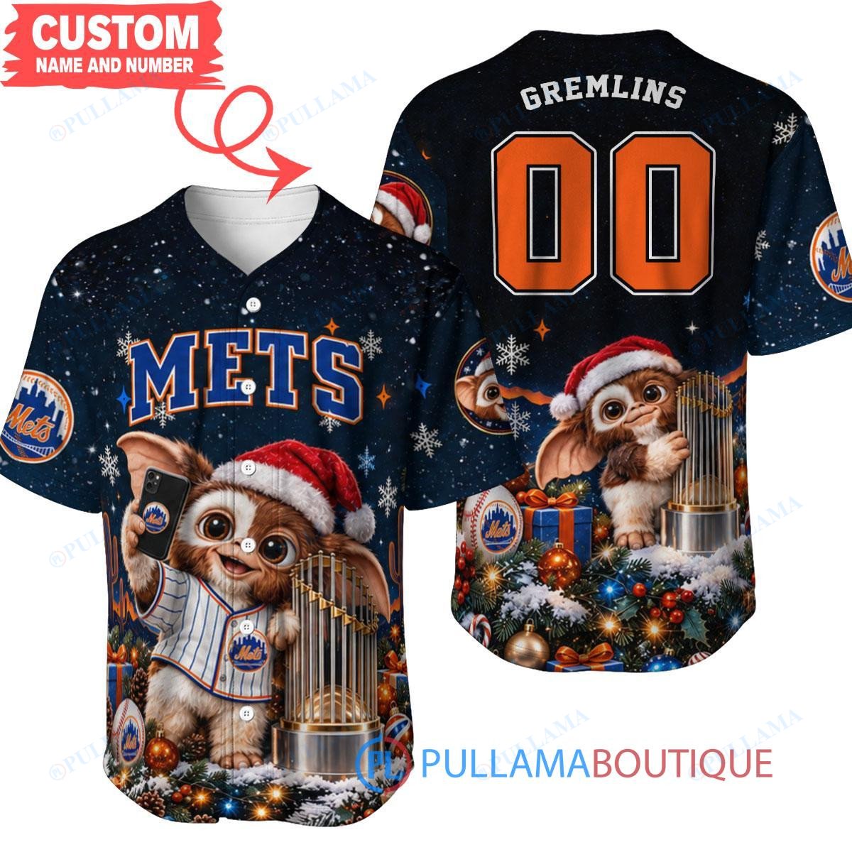 New York Mets Gremlins with World Series Trophy Custom Baseball Jersey