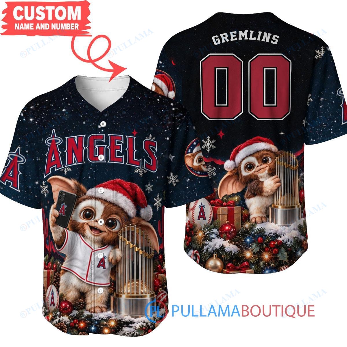 Los Angeles Angels Gremlins with World Series Trophy Custom Baseball Jersey