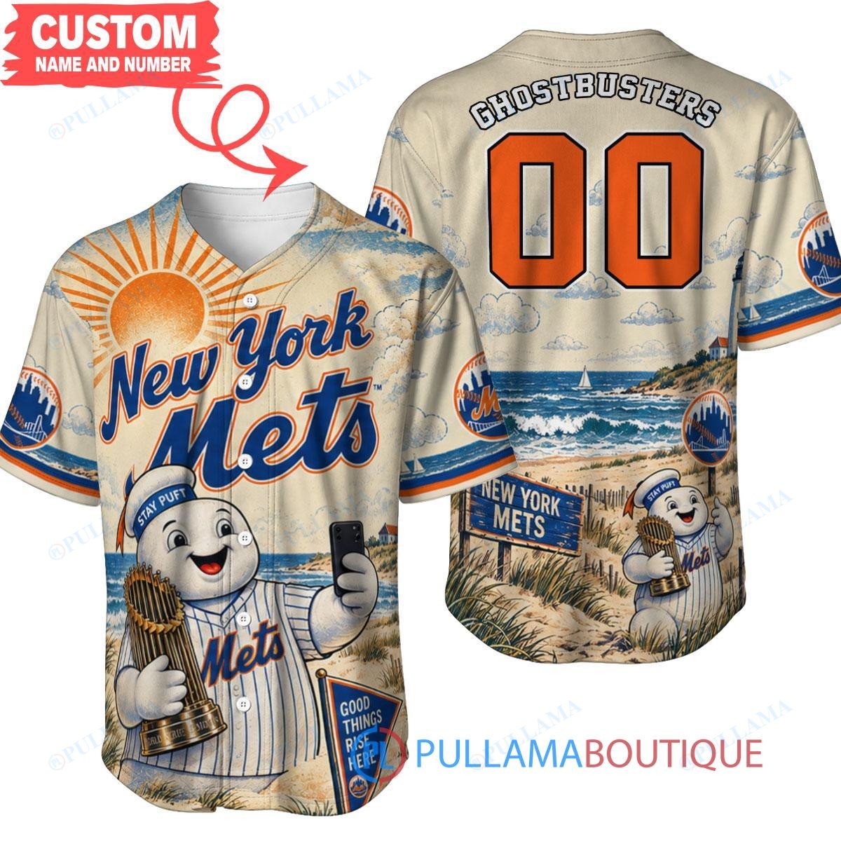 New York Mets Stay Puft Marshmallow Man with World Series Trophy Custom Baseball Jersey