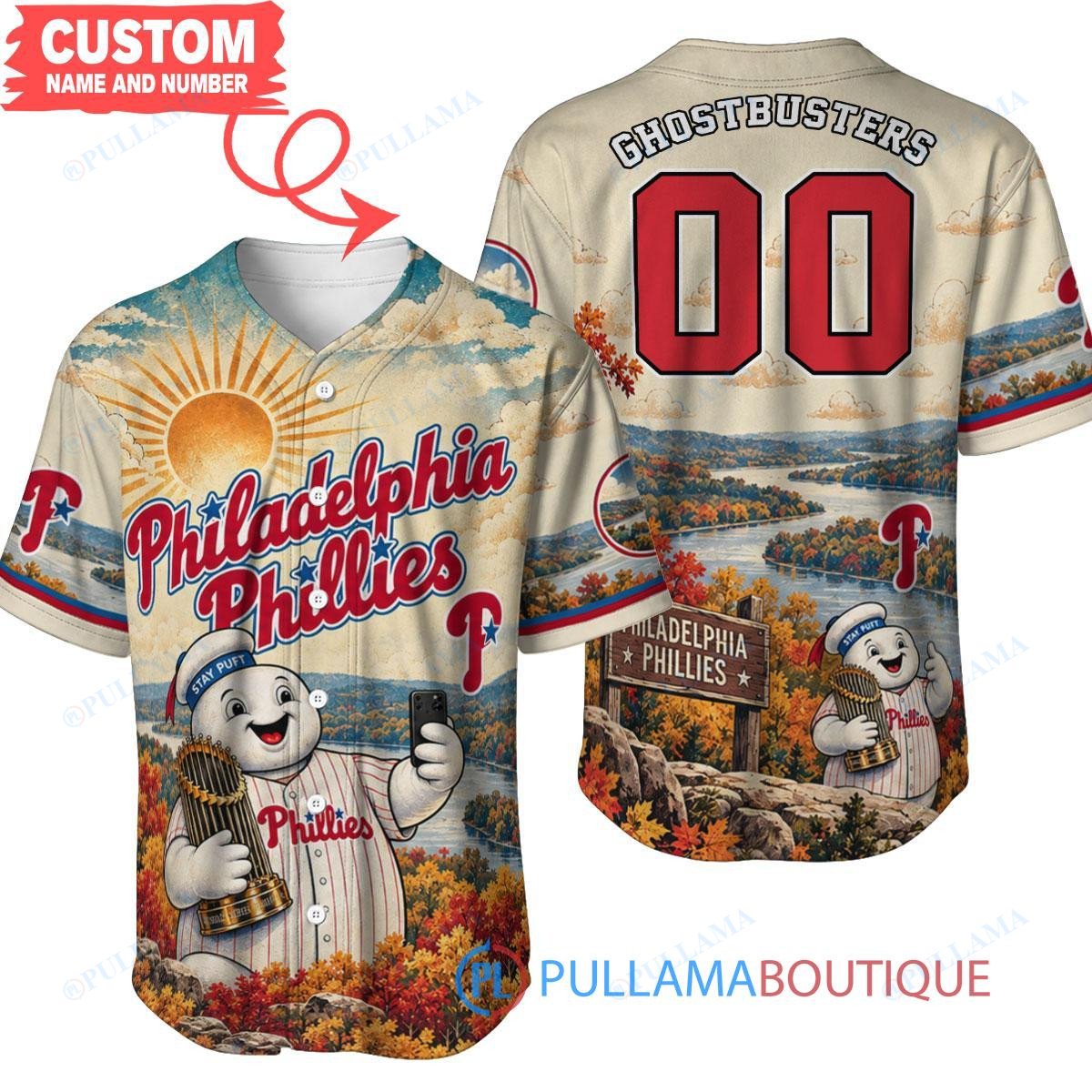 Philadelphia Phillies Stay Puft Marshmallow Man with World Series Trophy Custom Baseball Jersey