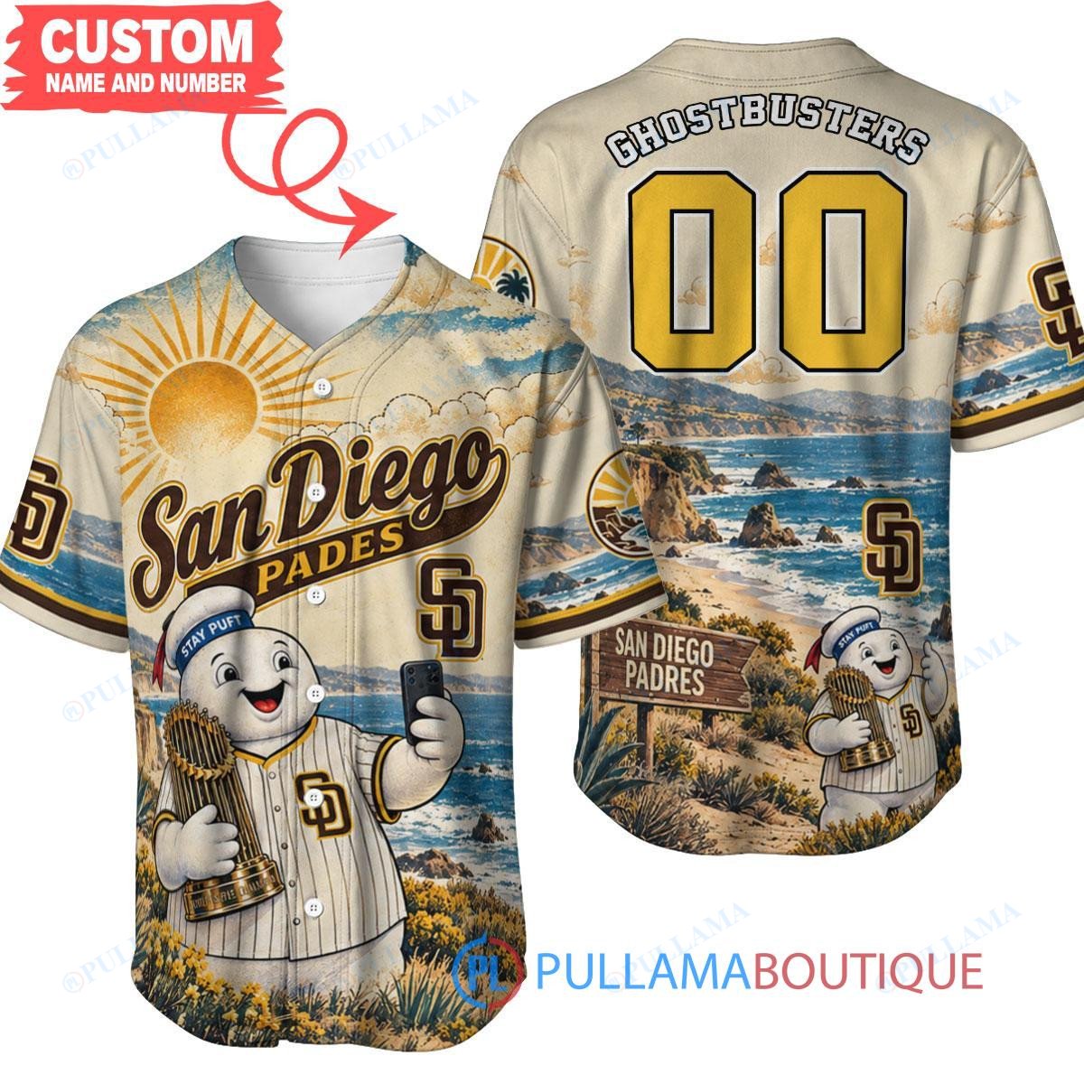 San Diego Padres Stay Puft Marshmallow Man with World Series Trophy Custom Baseball Jersey